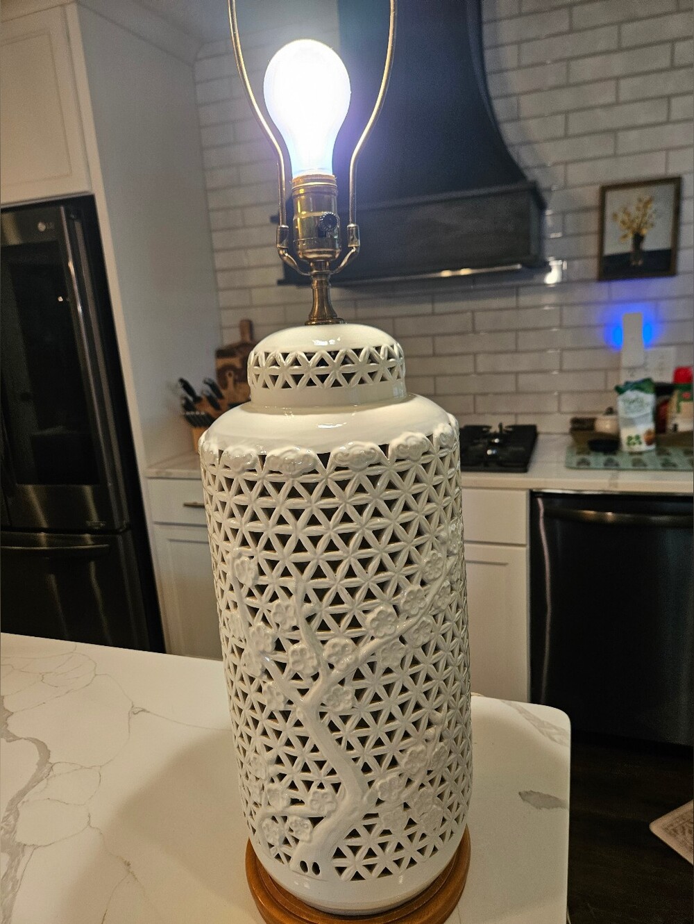 Vintage Blanc de Chine Reticulated Porcelain Table Lamp Cherry Blossom